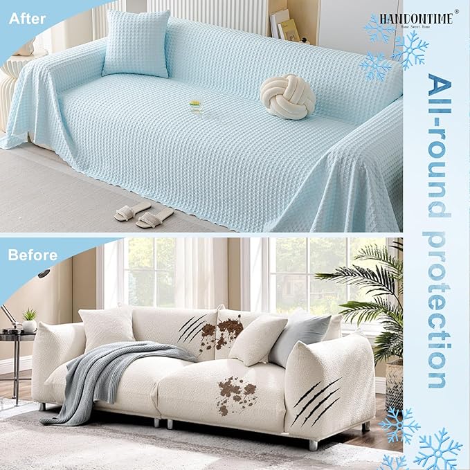 HANDONTIME Cooling Dog Couch Cover Ice Silk Washable & Breathable Pet Sofa Protector Durable Couch Covers for Sofa Pet Friendly Soft Dog Cooling Bed Cover Sofa Protector Covers (Baby Blue, 71"x150")