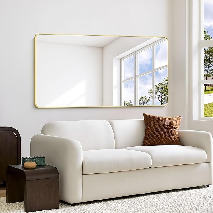 55x30 Inch Gold Bathroom Mirror, Metal Framed Gold Rectangle Mirrors, Rounded Rectangular Vanity Mirror, Large Wall Mounted Mirrors for Living Room Bedroom Entryway Hangs Horizontal or Vertical