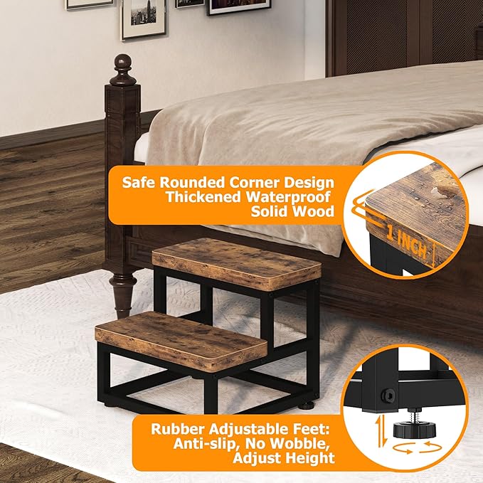 2 Step Wooden Step Stools for Adults Kids, Heavy Duty Stepping Stools Wooden Bed Step Stools for High Beds, Non-Slip 2 Bedside Foot Stool with 500 Lbs Capacity, Kitchen, Bed, RVS Step, Rustic Brown