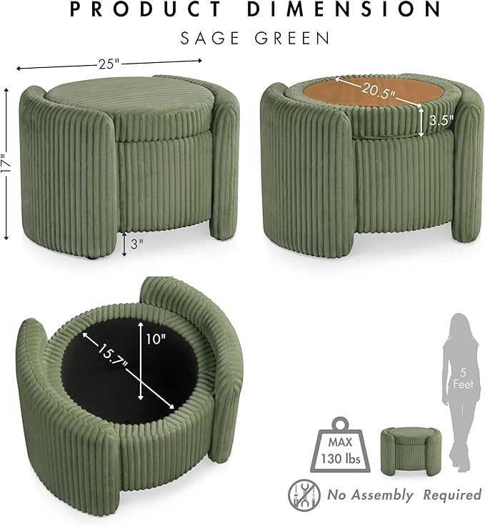 Furniture of America Lennox Modern Chenille 25-inch Round Storage Ottoman with Reversible Flip Top, Upholstered Footstool for Living Room, Bedroom, Entryway, Green