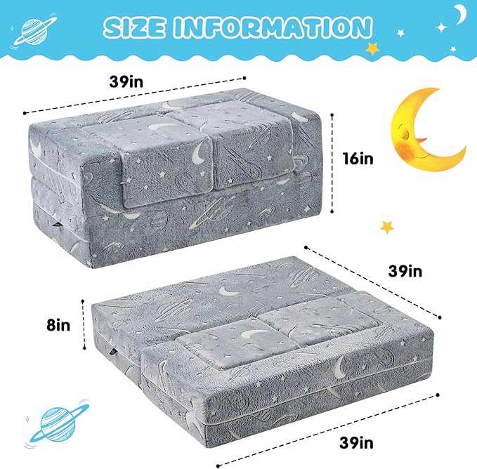 Kids Couch Sofa Modular Toddler Couch, Glow in The Dark 3 in 1 Fold Out Kids Sofa with Washable and Durable Covers for Boys, Galaxy Stars