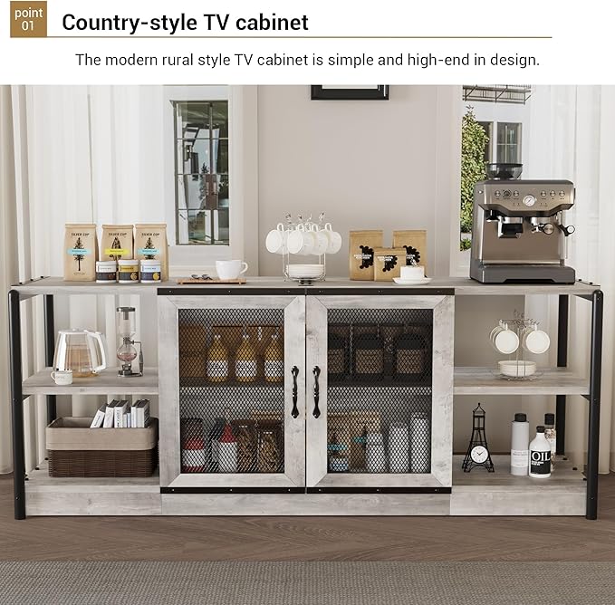 Farmhouse TV Stand for 65+ Inch TV, Industrial TV Cabinet, Entertainment Center with Double Mesh Doors and Storage Cabinet, Rustic TV Cabinet, TV Console Table Media Cabinet for Living Room, Grey
