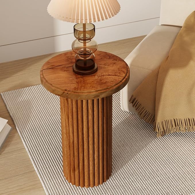 Round Wood Side Table, Fluted Accent Table, Small End Table for Living Room, Bedroom, Fully Assembled