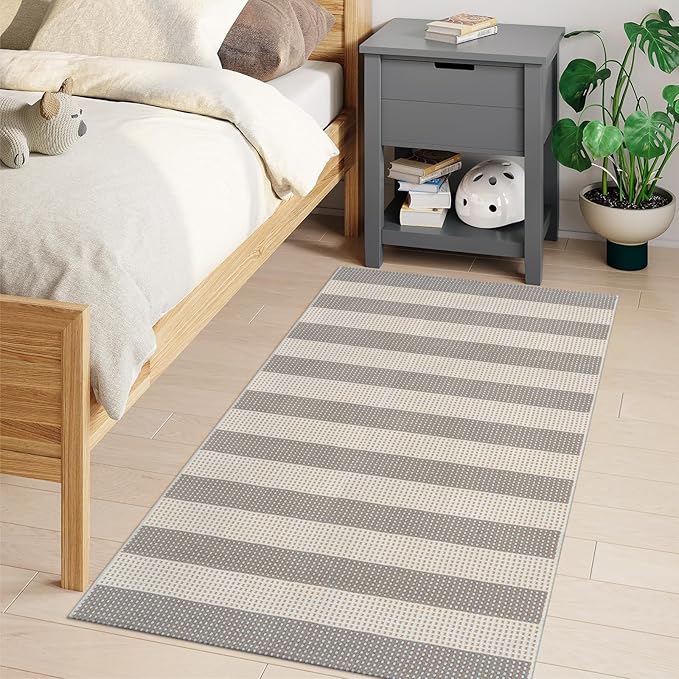 OJIA Indoor Outdoor Rugs 3'x5', Washable Area Rug Entryway Rugs Indoor Front Door Mats Striped Porch Rug Cotton Small Floor Carpet for Entry/Patio/Deck/Balcony/Bedroom/Living Room (Gray/White/Tan)