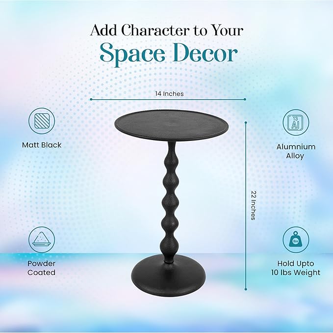 CLEENTABLE Pedestal Round Lightweight Metal Side Table - End Table for Living Room, Bedroom, Balcony - Hammered Top, Easy Assembly, Modern Minimalist Design 21" (Black)