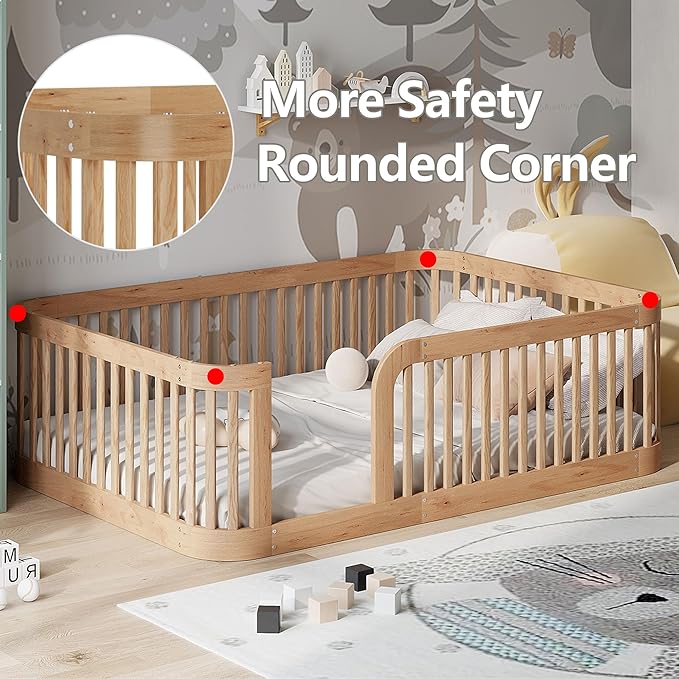 Full Floor Bed with High Fence and Rounded Corner Design, Montessori Floor Bed Frame with Guardrail and Entrance, Easy Assemble Montessori Beds Full Size, Natural