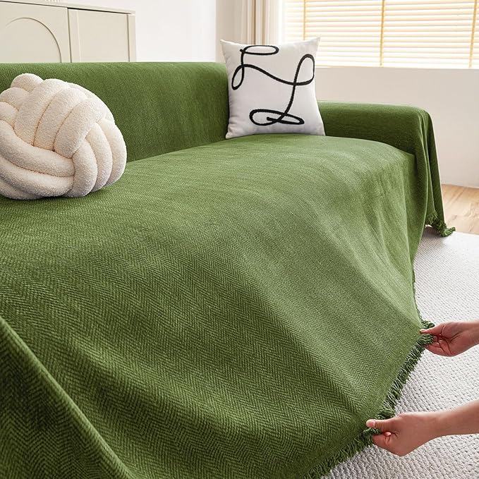 hyha Couch Cover for Dogs, Boho Sofa Covers for 3 Cushion Couch Washable, Chenille Sofa Slipcover for Pets, Soft Loveseat Sectional Couch Throw Blankets with Tassels (Green, 88.5x150 Inch)