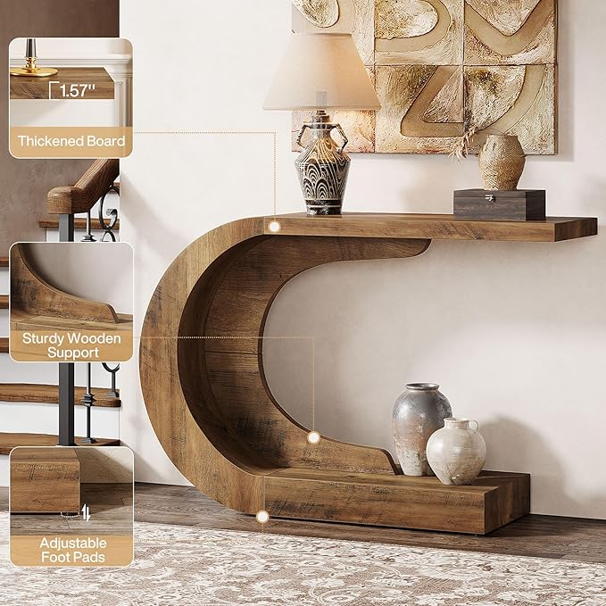 Tribesigns 43.3" Mid-Century Modern Console Table for Entryway, Wood C-Shaped Hallway Entry Accent Table for Living Room, Entrance, Foyer, Easy Assembly, Brown