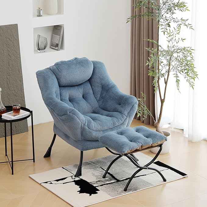 Lazy Chair with Ottoman, Modern Chair with Folding Footrest, Lounge Accent Chair, Comfortable Reading Chair (Plush Light Blue)