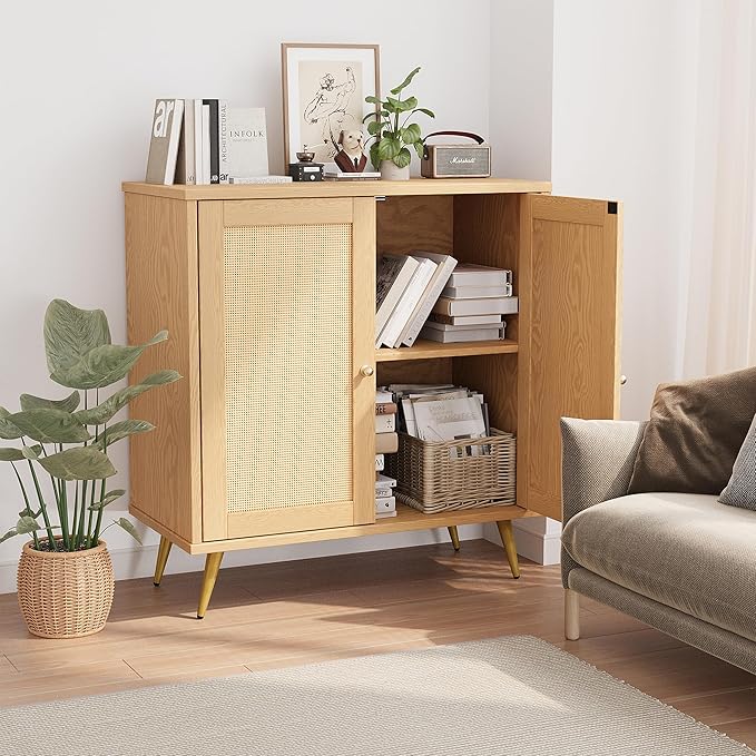 Shintenchi Rattan Buffet Cabinet with Storage, Sideboard Buffet Cabinet with Rattan Decor Doors, Modern Wood Cupboard for Kitchen Living Room Dining Room Hallway Entry, Natural