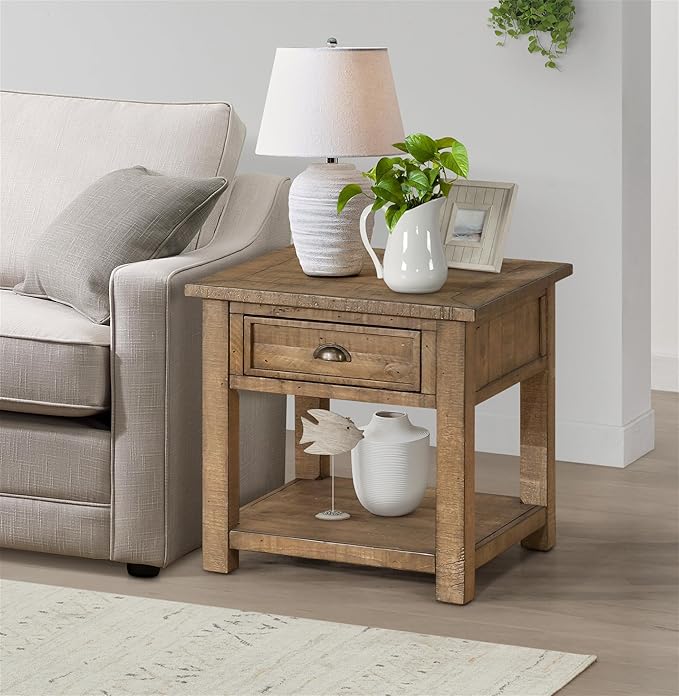 Martin Svensson Home Monterey End Table - Reclaimed Natural Wood Finish- Coastal Style - with Shelf and Cabinet for Storage