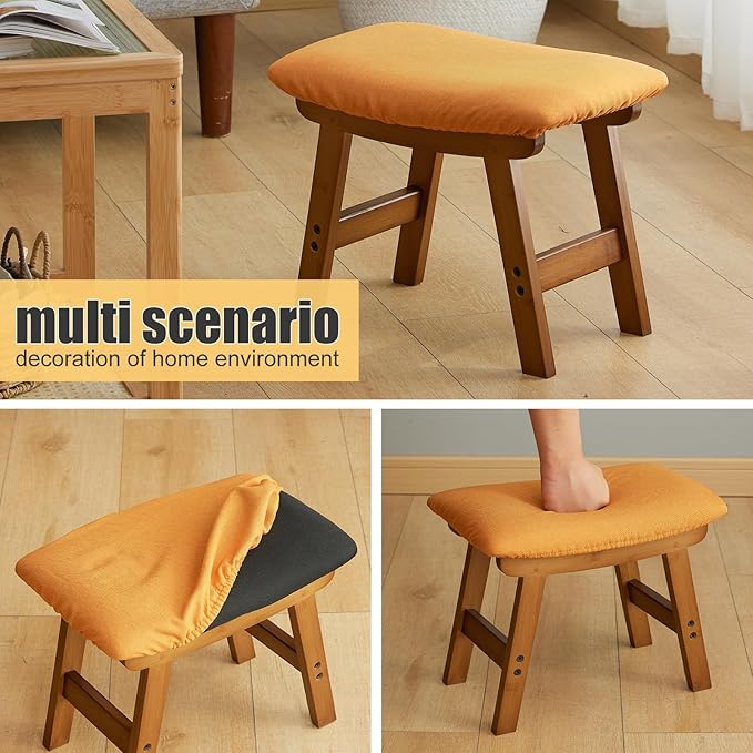 Foot Stool Ottoman Foot Rest Under Desk,Small Stool for Living Room, Bedroom and Kitchen (Brown Legs - Orange Stool Surface)