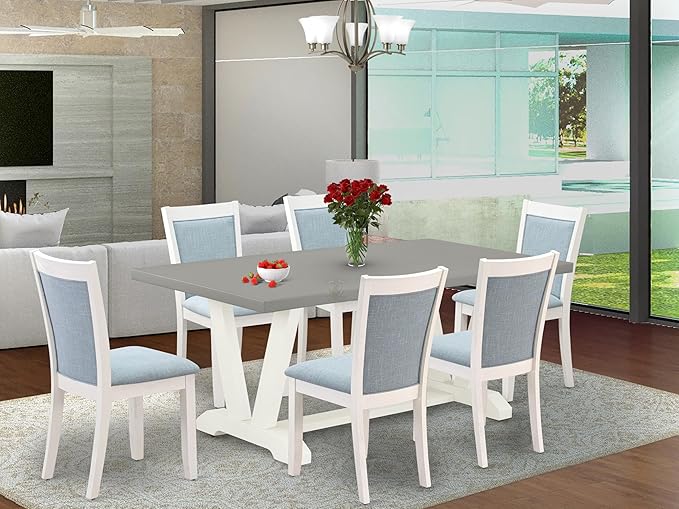 East West Furniture V097MZ015-7 7 Piece Dining Room Table Set Consist of a Rectangle Dining Table with V-Legs and 6 Baby Blue Linen Fabric Upholstered Chairs, 40x72 Inch, Multi-Color