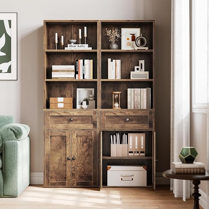 Casaottima Bookshelf and Bookcase with Doors and Drawer, Floor Standing 6-Tier Shelf Display Storage Shelves, Tall Bookcases for Home Office, Living Room, Vintage