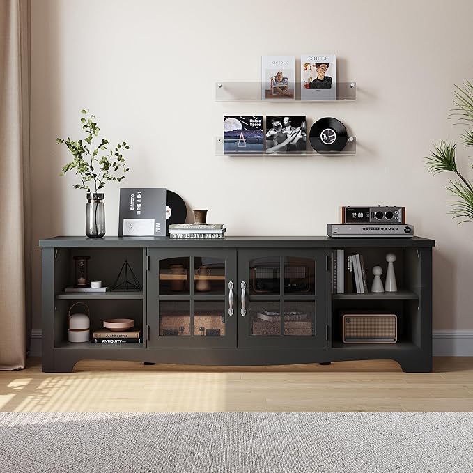LINSY HOME TV Stand for 75 Inch TV, Modern Farmhouse Entertainment Center with Storage Cabinets and Glass Doors, Tall Media Console Table for Living Room, Bedroom, Large Long Television Stand, Black