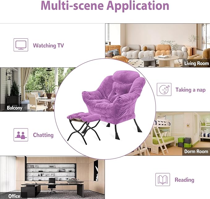Lazy Chair with Folding Ottoman, Accent Chair Plush Upholstered with Metal Structure and Non-Slip Pads, Sofa Armchair with Footrest and Side Storage Bag for Dorm, Room, Office, Purple