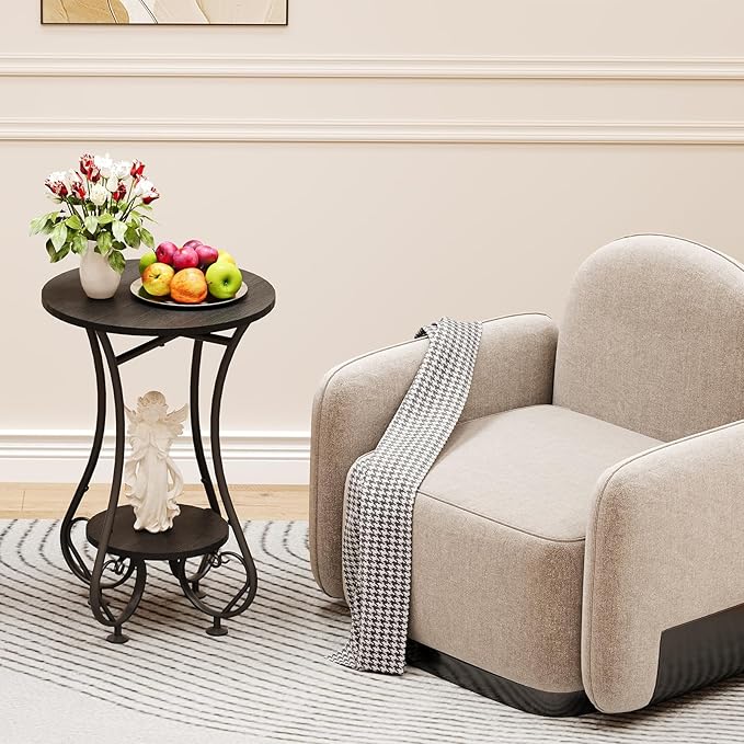 Side Table,Small Round End Table for Small Spaces - Round Bedside Nightstand Table with Metal Frame,Couch Sofa Coffee Table,Retro Accent Table for Living Room Bedroom Balcony,Black,Upgraded Version