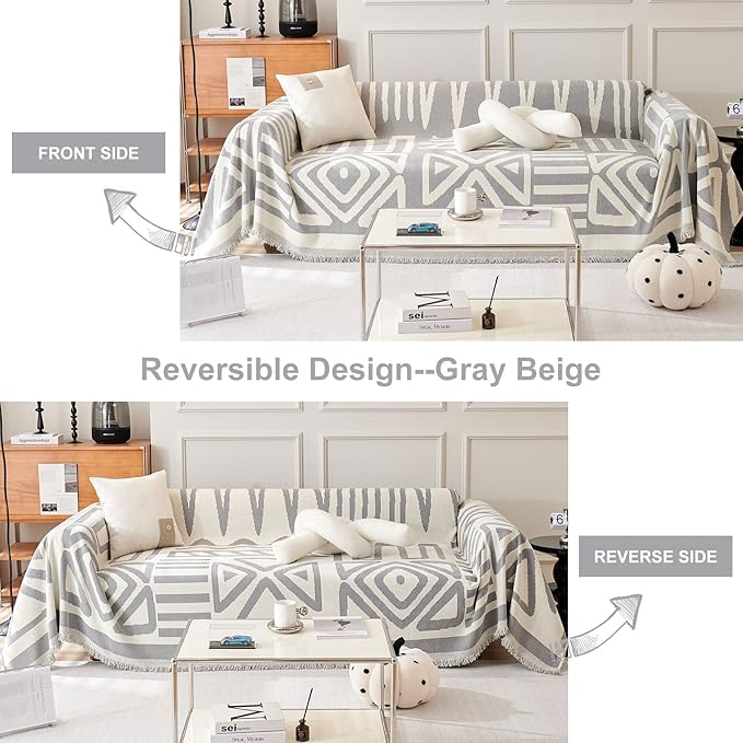 STACYPIK Boho Grey Sofa Cover Furniture Protector Couch Soft with Tassels for Kids Jacquard Triangle Couch Cover for Loveseat Cover Reversible Non Slip Sofa Cover Pets Dogs Friendly Home Decor-71X71IN