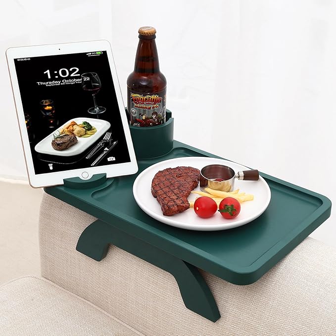 Nnewvante Couch Arm Table,3 in 1 Large 15.36"x9.85" Bamboo Sofa Arm Clip on TV Tray Table with 360°Rotated Phone/Cup Holder, Dark Green