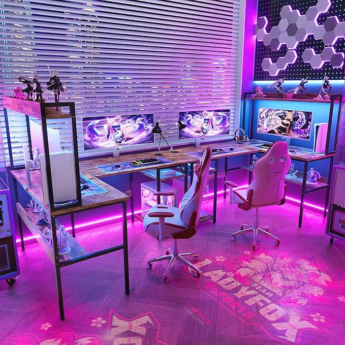 L Shaped Computer Desk with Hutch and Storage Shelves, Gaming Desk with LED Lights, Reversible L-Shaped Desk with Power Outlets, Home Office Desk, Corner Desk, Rustic Brown