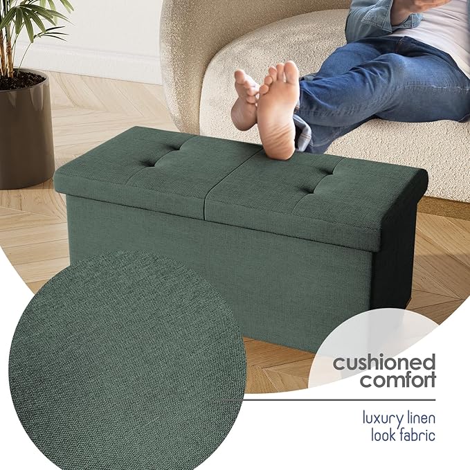 STORAGEBUD Storage Ottoman Bench with Bins, 30-in Storage Bench for Bedroom End of Bed, Folding Foot Rest Ottoman for Living Room Max 660lbs, Fabric Ottomans, Green