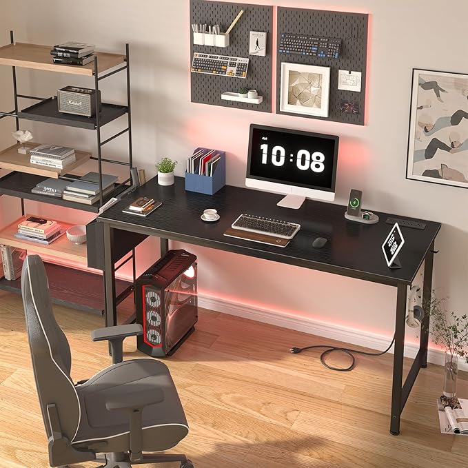 Lufeiya Gaming Desk with Power Outlet, 55 inch Teen Study Table Home Office Work Writing Computer Desks with Charging Station Outlets Built in, Black