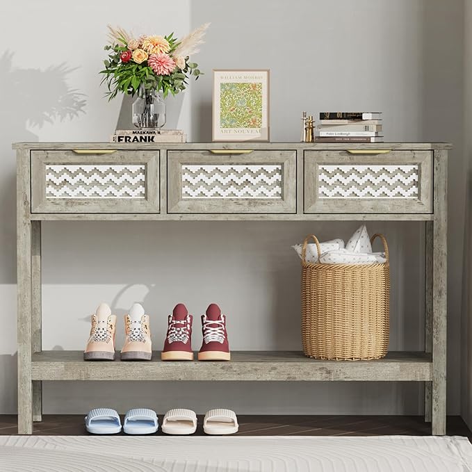 Entryway Table, Rattan Console Table with 3 Storage Drawers and Storage Shelf, Sofa Table with Socket, for Entryway, Living Room, Behind Couch and Hallway (Grey)