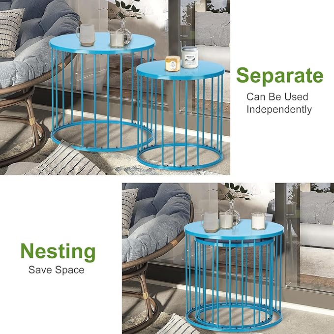 SUNNYPARK Outdoor Side Table Set of 2, Metal Circle Accent End Tables for Balcony Backyard Garden Indoor Living Room, Durable Black Nesting Coffee Tables, 20”+16” Dia