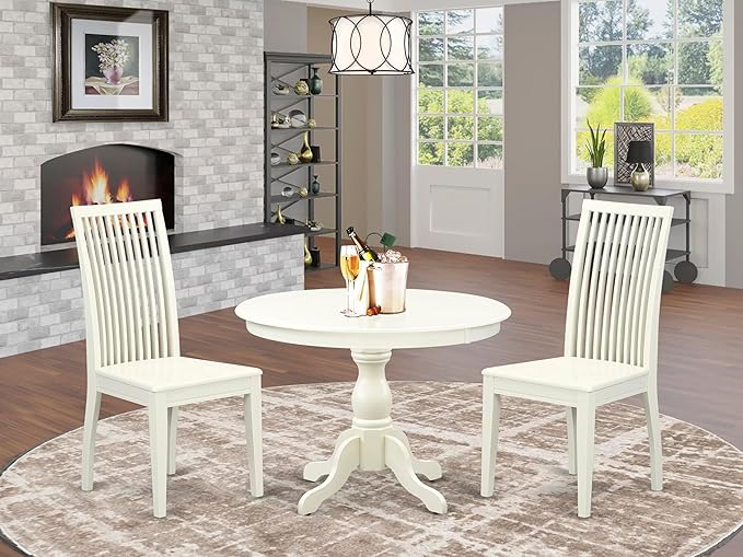 East West Furniture HBIP3-LWH-W 3 Piece Modern Dining Table Set Contains a Round Wooden Table with Pedestal and 2 Dining Chairs, 42x42 Inch, Linen White