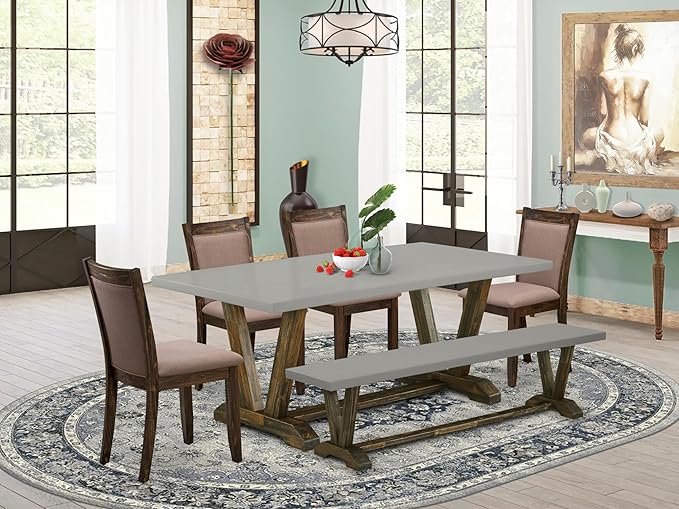 East West Furniture V797MZ748-6 6 Piece Modern Dining Table Set Contains a Rectangle Wooden Table with V-Legs and 4 Coffee Linen Fabric Parson Chairs with a Bench, 40x72 Inch, Multi-Color