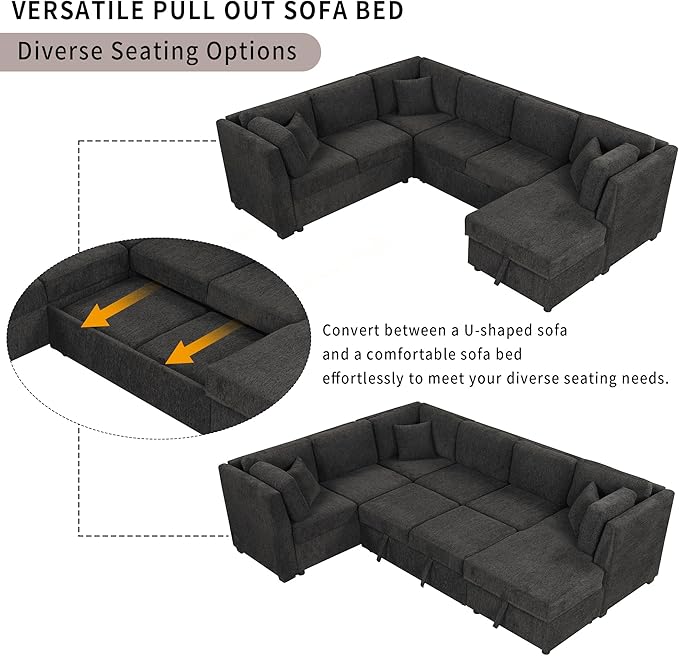 Ball & Cast 108.6" Sleeper Sectional Pull Out Sofa with 2 USB Ports,Two Power Sockets,Versatile U-Shape Couch w/ 3 Back Pillows and Storage Chaise,for Living Room,Office,Apartment,Black