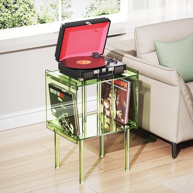 Acrylic Record Player Stand, with Vinyl Storage, Clear Acrylic Side Table, Pink (Green)