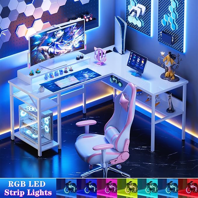 Unikito Reversible L Shaped Computer Desk with Power Outlets and Monitor Stand, Sturdy Corner Desk with RGB LED Light and Storage Shelves, Modern Work Desk for Home Office, Easy to Assemble, White