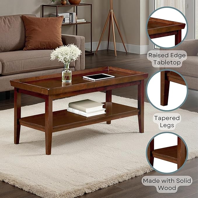 Convenience Concepts Ledgewood Coffee Table 42" - Modern Center Room Accent with Storage Shelf for Transitional, Traditional Living & Family Room, Espresso