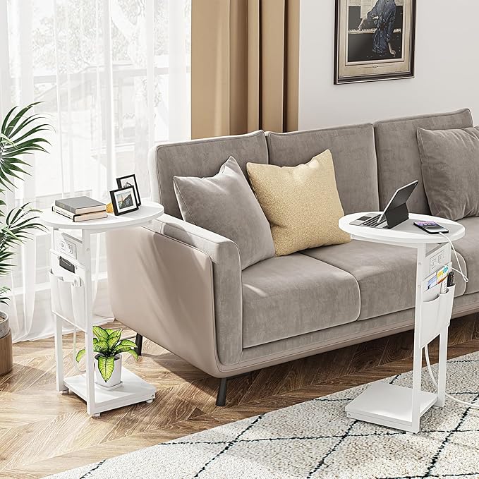 Vagusicc C Shaped End Table with Charging Station, Small Side Table for Couch, TV Tray Slide Under Sofa Table for Living Room and Bedroom, C Table Round Couch Side Table, White