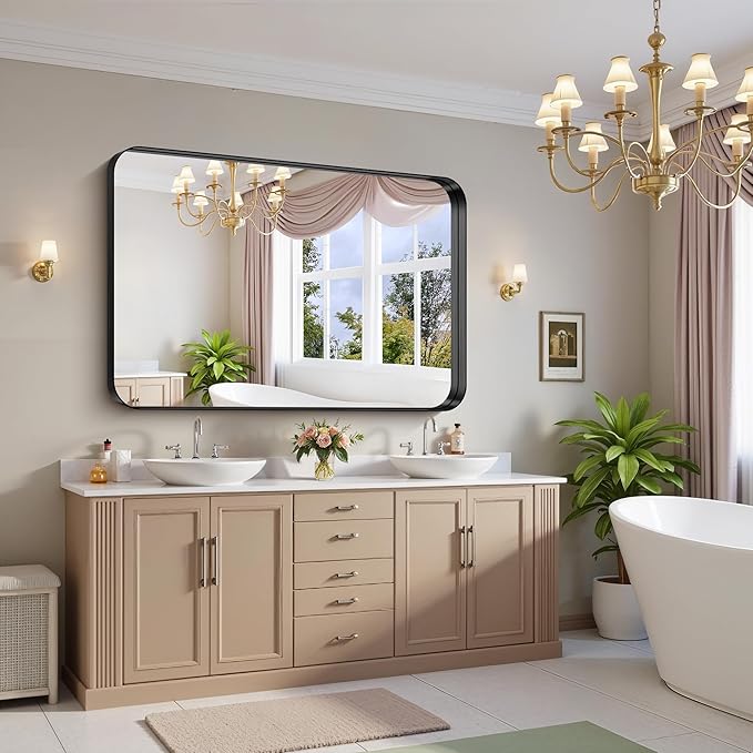 FORBATH 55x36 Inch Large Bathroom Mirror for Double Sinks, Brushed Black Deep Frame Wall Mirror with Rounded Corners, Anti-Rust Tempered Glass for Modern Farmhouse Vanity (Horizontal/Vertical)