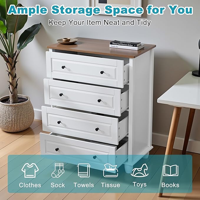 Farmhouse 4 Drawers Dresser for Bedroom, 29.1" Wide Wood Chest of Drawers with Metal Handle, Tall Storage Dressers Organizer for Bedroom, Living Room, Hallway, Ivory White