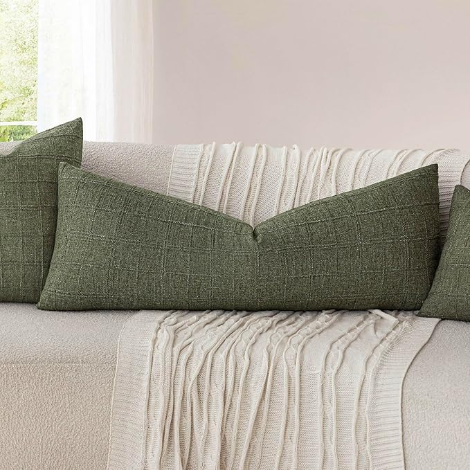 Foindtower Set of 2 Decorative Linen Check Throw Pillow Covers Neutral Long Body Lumbar Cushion Covers Farmhouse Vintage Boho Home Decor For Sofa Chair Couch Bedroom Living Room,14×36 Inch,Olive Green