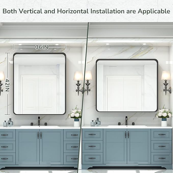 TokeShimi 42x36 Black Bathroom Mirror for Wall Vanity Mirror with Brushed Metal Frame Non-Rusting Aluminum Alloy for Modern Farmhouse Bedroom Living Room Decor (Horizontal/Vertical)