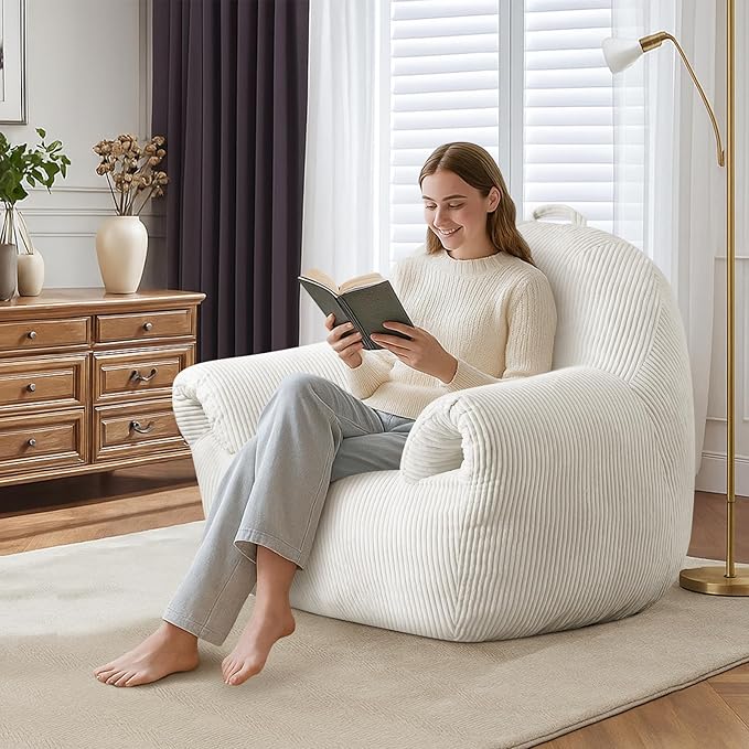 DAICO Bean Bag Chairs for Adults Oversized BeanBag Chair with Armrests Bean Bag Sofa Comfy Accent Chair Corduroy Lazy Floor Single Sofas with Foam for Bedroom Living Room Reading Gaming Beige