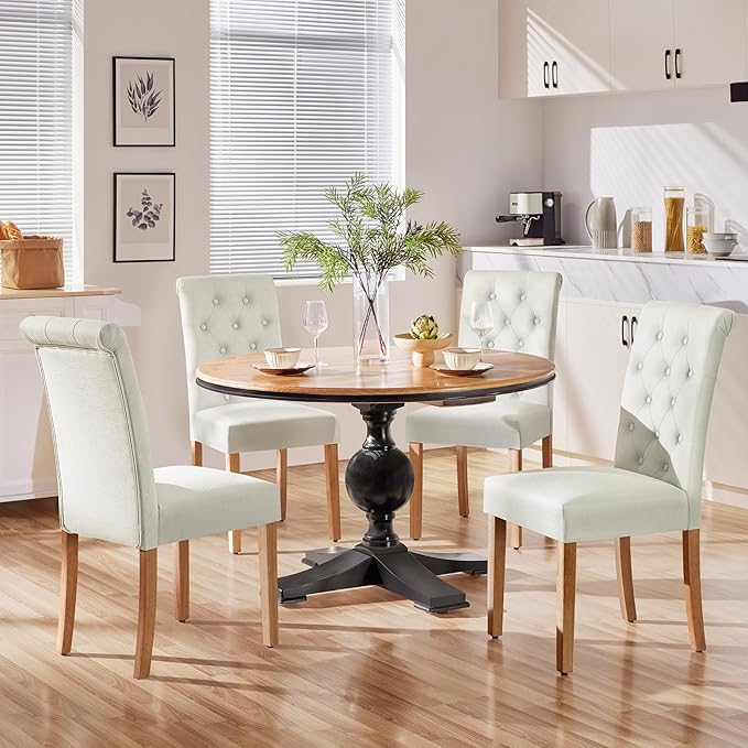 Yaheetech Dining Chairs Set of 4 Fabric Upholstered Dining Room Chairs with Button Tufted High Back and Solid Wood Legs for Kitchen/Living Room/Restaurant, Modern Style, Beige