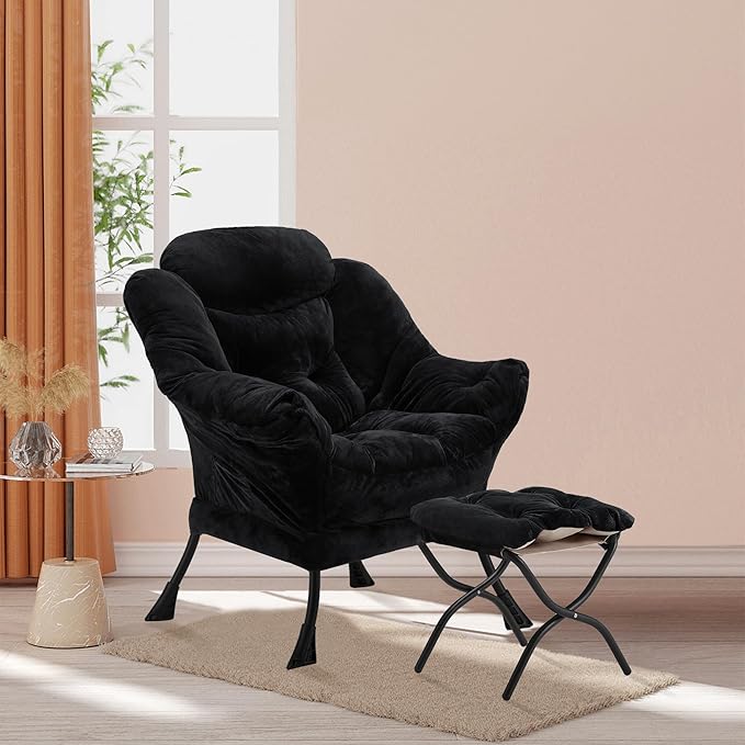 Lazy Chair with Folding Ottoman, Accent Chair Plush Upholstered with Metal Structure and Non-Slip Pads, Sofa Armchair with Footrest and Side Storage Bag for Dorm, Room, Office, Black