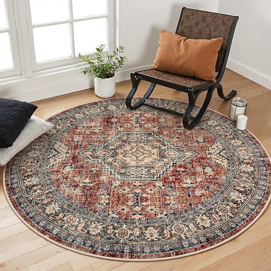 Lahome Oriental Washable Round Area Rug, Non-Slip Round Rugs 6ft Ultra-Thin, Soft Large Throw Circle Carpet for Living Room Bedroom Kitchen Nursery, Brick Red