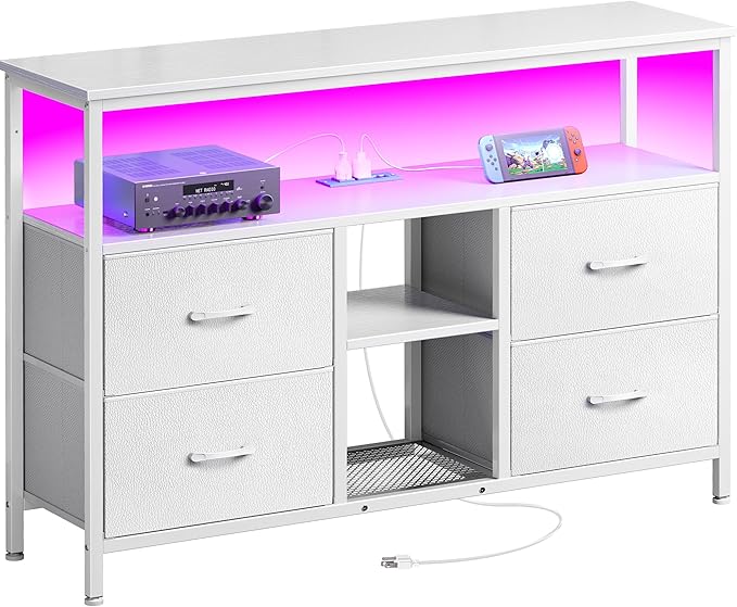 Huuger TV Stand Dresser with Power Outlets and LED Lights, 4 Drawers Entertainment Center with Open Shelf, Media Console for 50 43 Inch TV, Dresser with PU Finish, White