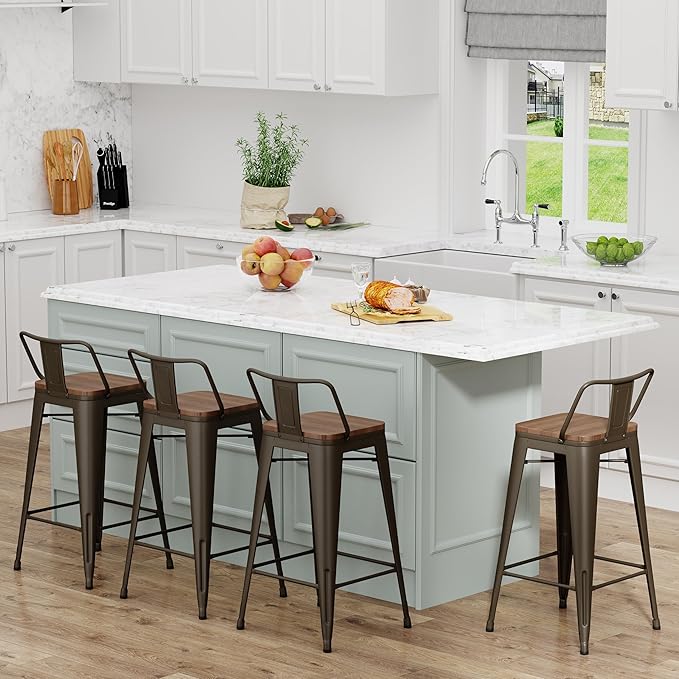 Yongchuang 30 inch Bar Stools Set of 4 Bar Height Metal Barstools with Wood Seat Low Back Kitchen Bar Chairs Gunmetal