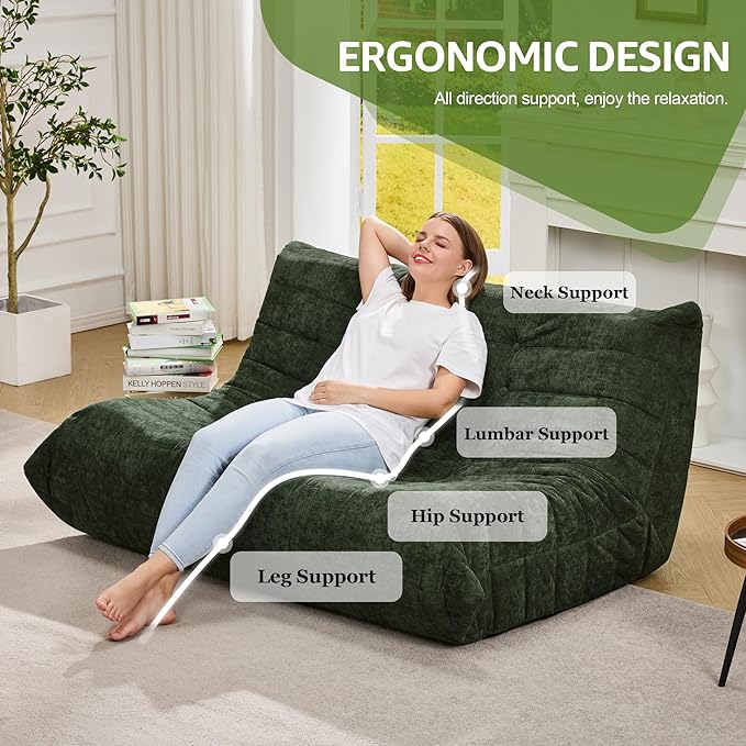 Hobestluk Bean Bag Chair Giant Bean Bag Sofa 2 Seater Bean Bag Chairs for Adults, Loveseat Floor Chair, Bean Bag Chairs for Living Room Bedroom Dorm Office (Green Chenille, Loveseat)