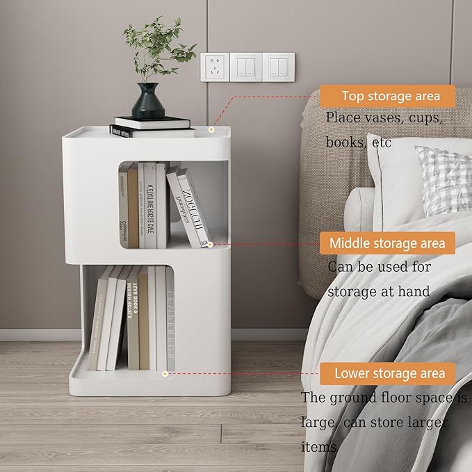 White Side Table, Modern Nightstand Metal End Table for Living Room Bedroom,Square Bedside Table-3 Tier Storage,Not Assemble Required