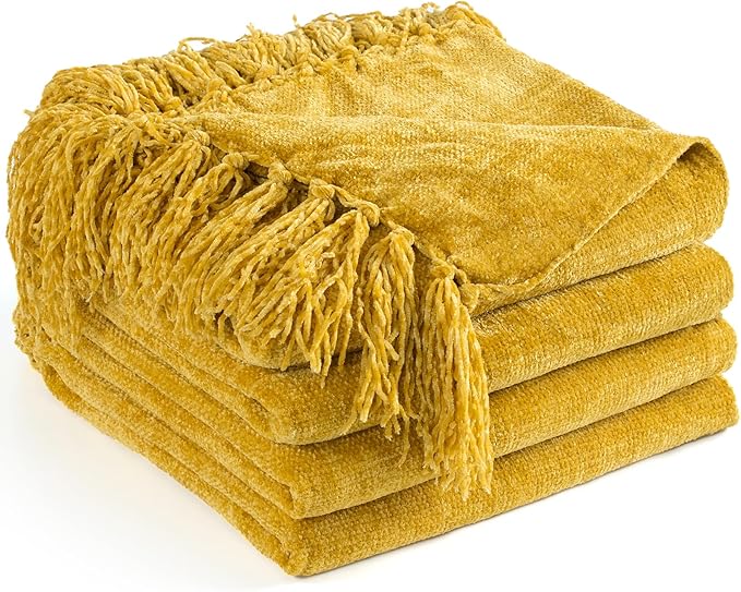 Chenille Throw Blanket for Couch 60"X 80" Twin, Soft Cozy Throws with Fringe Tassel for Bed Sofa Chair Cover, Lightweight Knitted Decorative Boho Blankets for Living Room, Yellow