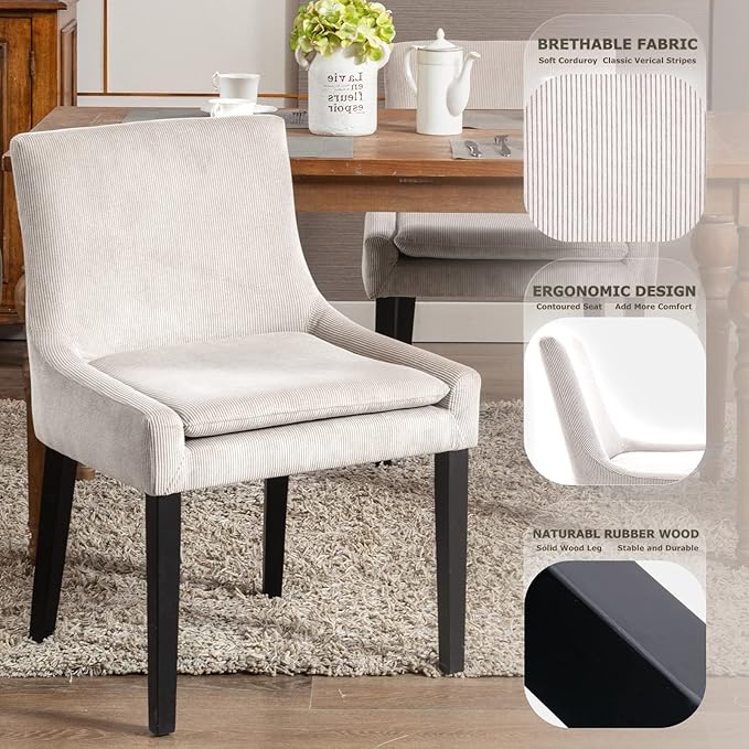 COLAMY Modern Dining Chairs Set of 2, Upholstered Corduroy Accent Side Leisure Chairs with Mid Back and Wood Legs for Living Room/Dining Room-Beige