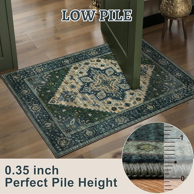 Tangsoo 4x6 Washable Rug Vintage Non Slip Indoor, Distressed Carpet for Living Room, Dining Room, Soft Low Pile Rugs Foldable for Bedroom Dorm Bedside Bathroom Green